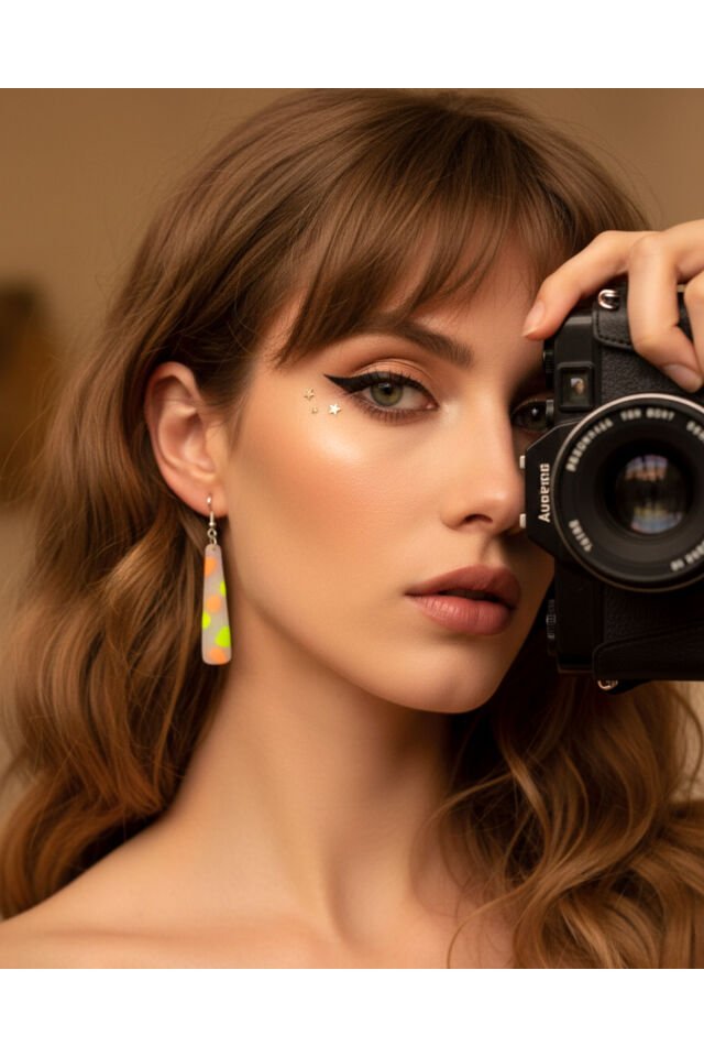 Özel Tasarım Transparan Polimer Kil Üzeri Neon Sarı Yeşil Turuncu Detay Sallantılı Küpe