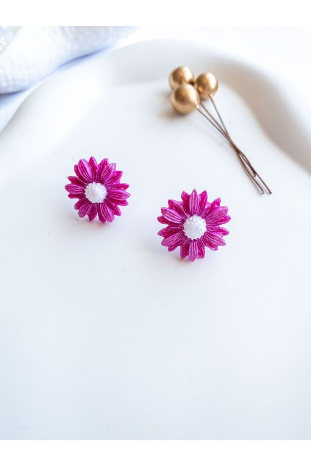 Özel Tasarım Polimer Kil Simli Pembe Papatya Küpe