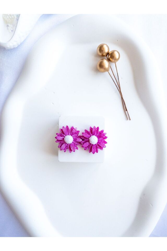 Özel Tasarım Polimer Kil Simli Pembe Papatya Küpe