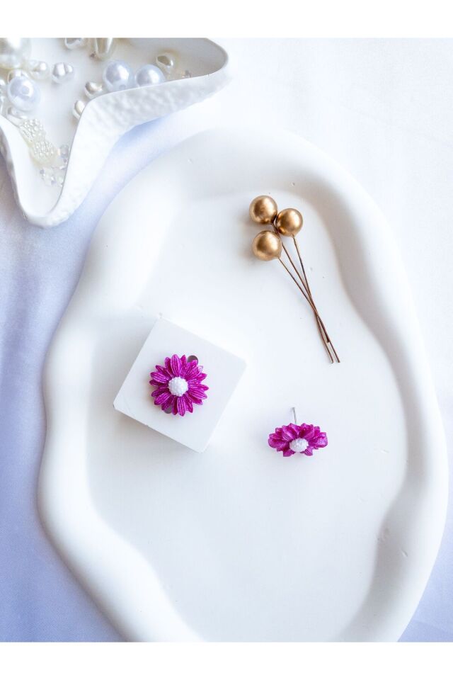 Özel Tasarım Polimer Kil Simli Pembe Papatya Küpe