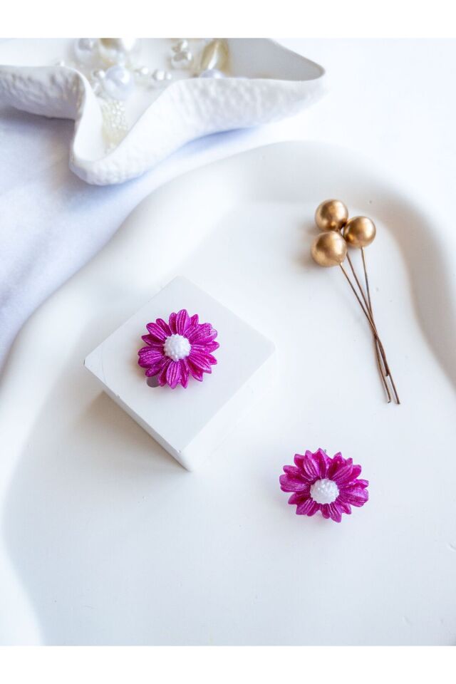 Özel Tasarım Polimer Kil Simli Pembe Papatya Küpe