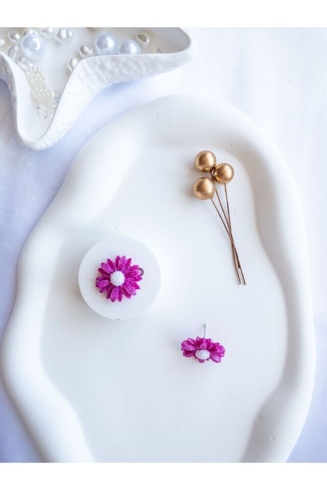 Özel Tasarım Polimer Kil Simli Pembe Papatya Küpe