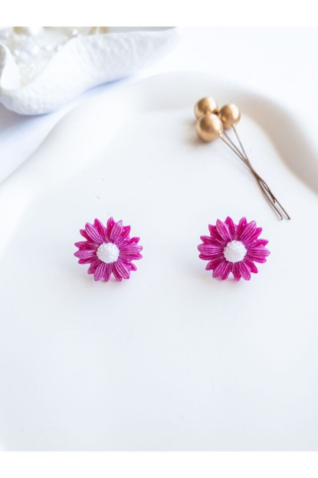 Özel Tasarım Polimer Kil Simli Pembe Papatya Küpe