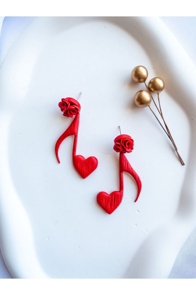 Özel Tasarım Kırmızı Polimer Kil Gül Detay Kalpli Nota Küpe