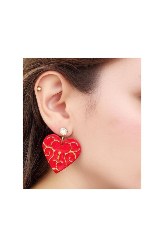 Özel Tasarım Polimer Kil Gold Detay Kırmızı Anahtar Ve Kalp Küpe