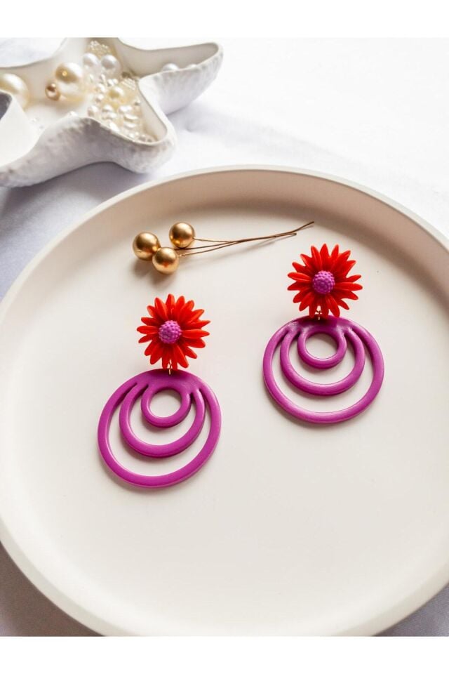 Özel Tasarım Polimer Kil Mor Halkalı Kırmızı Çiçek Küpe