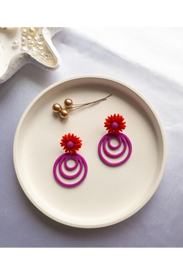 Özel Tasarım Polimer Kil Mor Halkalı Kırmızı Çiçek Küpe