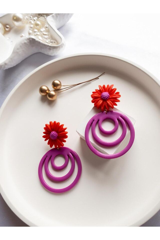 Özel Tasarım Polimer Kil Mor Halkalı Kırmızı Çiçek Küpe