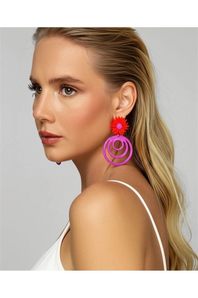 Özel Tasarım Polimer Kil Mor Halkalı Kırmızı Çiçek Küpe