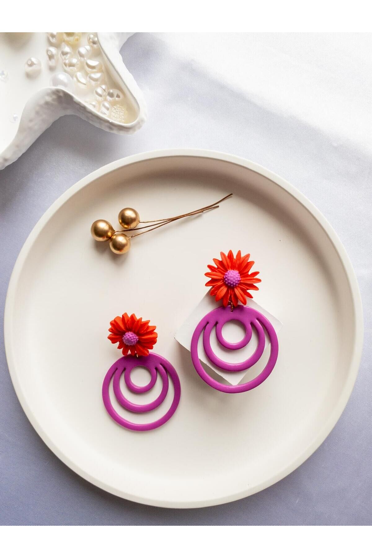 Özel Tasarım Polimer Kil Mor Halkalı Kırmızı Çiçek Küpe