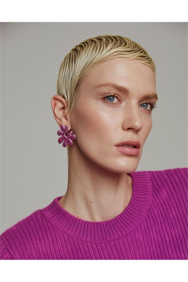 Özel Tasarım Pembe Polimer Kil Üzeri Sedefli Çiçek Küpe