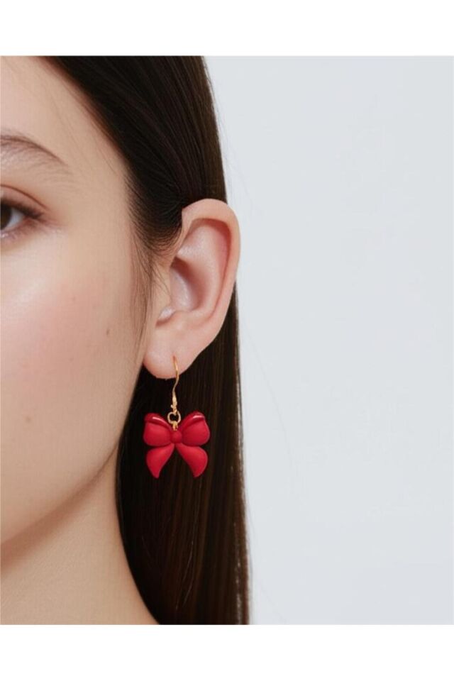 Özel Tasarım Polimer Kil Sedef Detaylı Kırmızı Kurdele Küpe