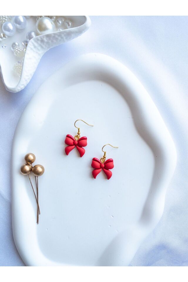 Özel Tasarım Polimer Kil Sedef Detaylı Kırmızı Kurdele Küpe