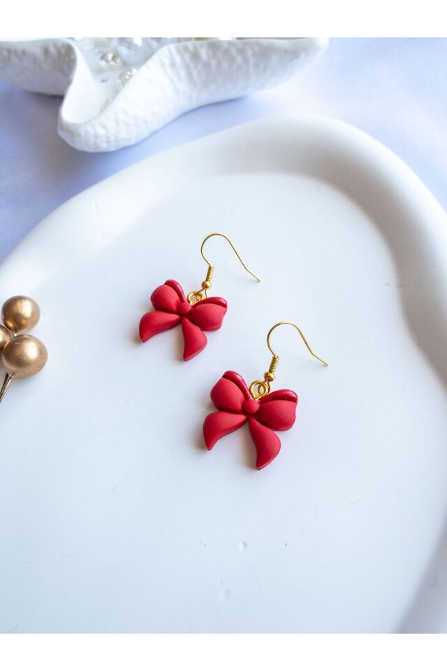 Özel Tasarım Polimer Kil Sedef Detaylı Kırmızı Kurdele Küpe