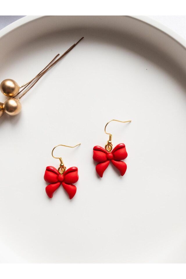 Özel Tasarım Polimer Kil Sedef Detaylı Kırmızı Kurdele Küpe