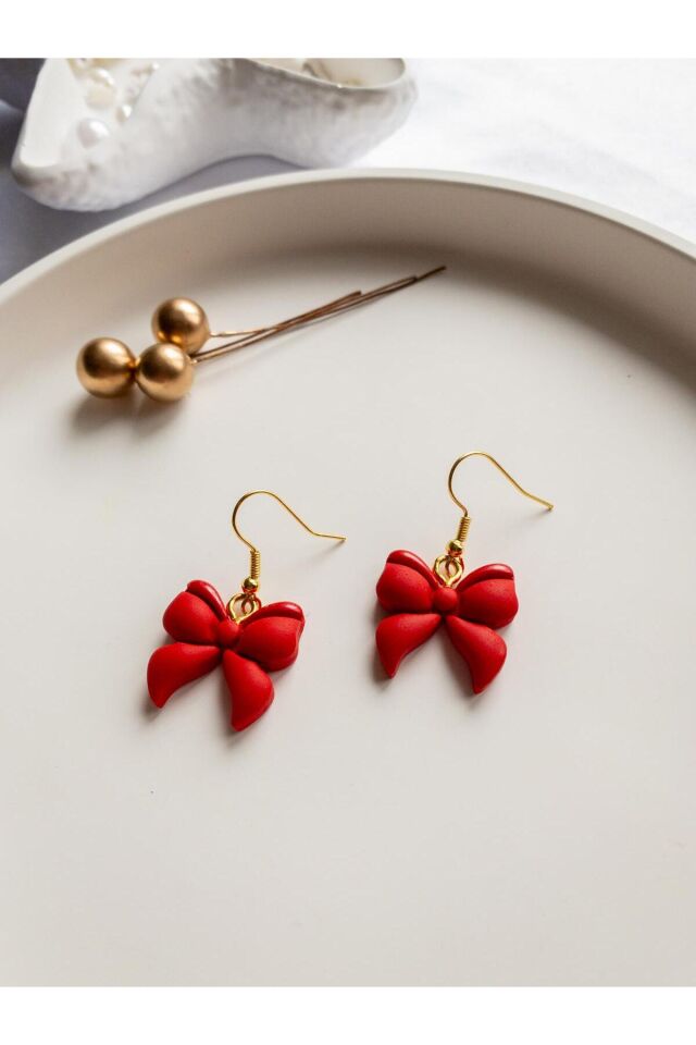 Özel Tasarım Polimer Kil Sedef Detaylı Kırmızı Kurdele Küpe