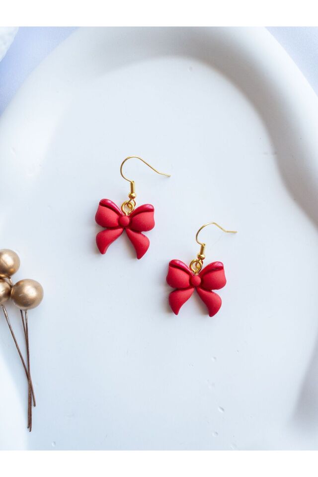 Özel Tasarım Polimer Kil Sedef Detaylı Kırmızı Kurdele Küpe