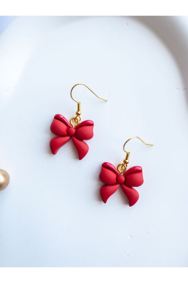 Özel Tasarım Polimer Kil Sedef Detaylı Kırmızı Kurdele Küpe