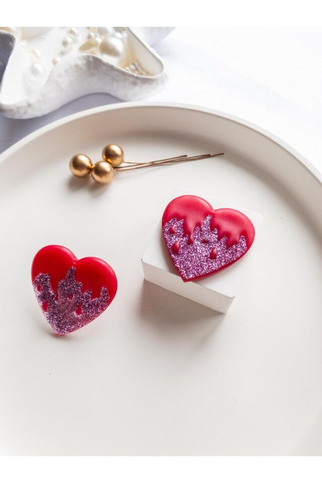 Özel Tasarım Kırmızı Polimer Kil Üzeri Pembe Sim Detay Kalp Küpe