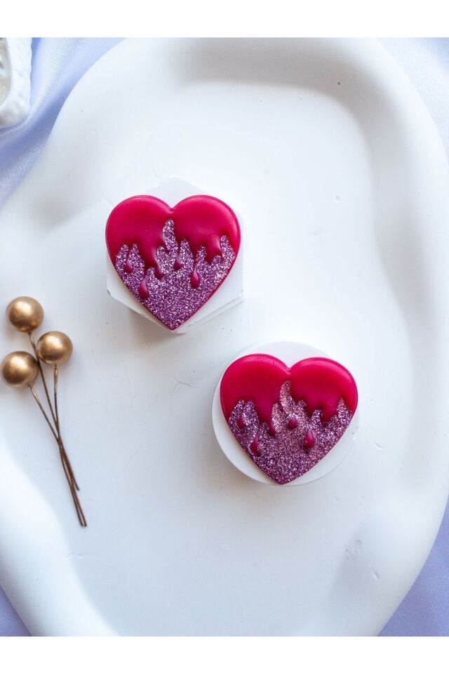 Özel Tasarım Kırmızı Polimer Kil Üzeri Pembe Sim Detay Kalp Küpe