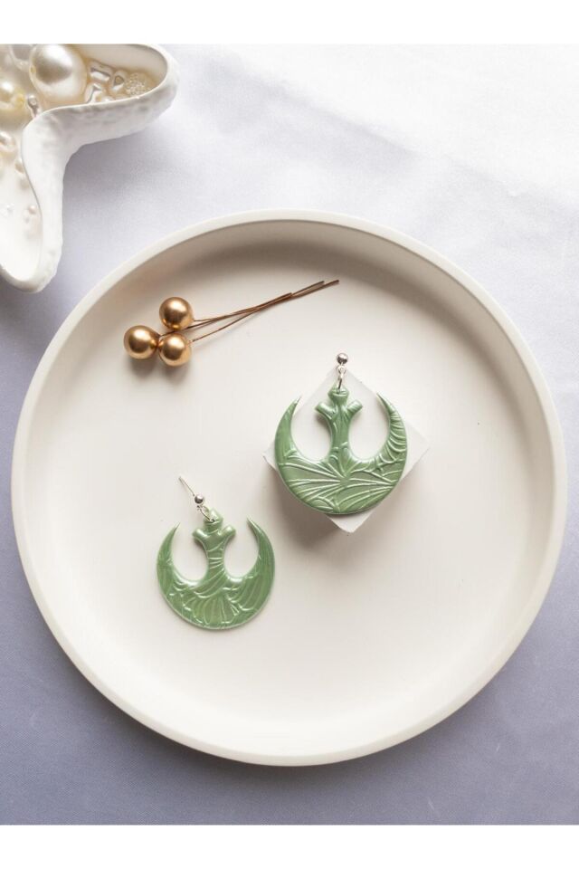 Özel Tasarım Yeşil Polimer Kil Desenli Star Wars Küpe