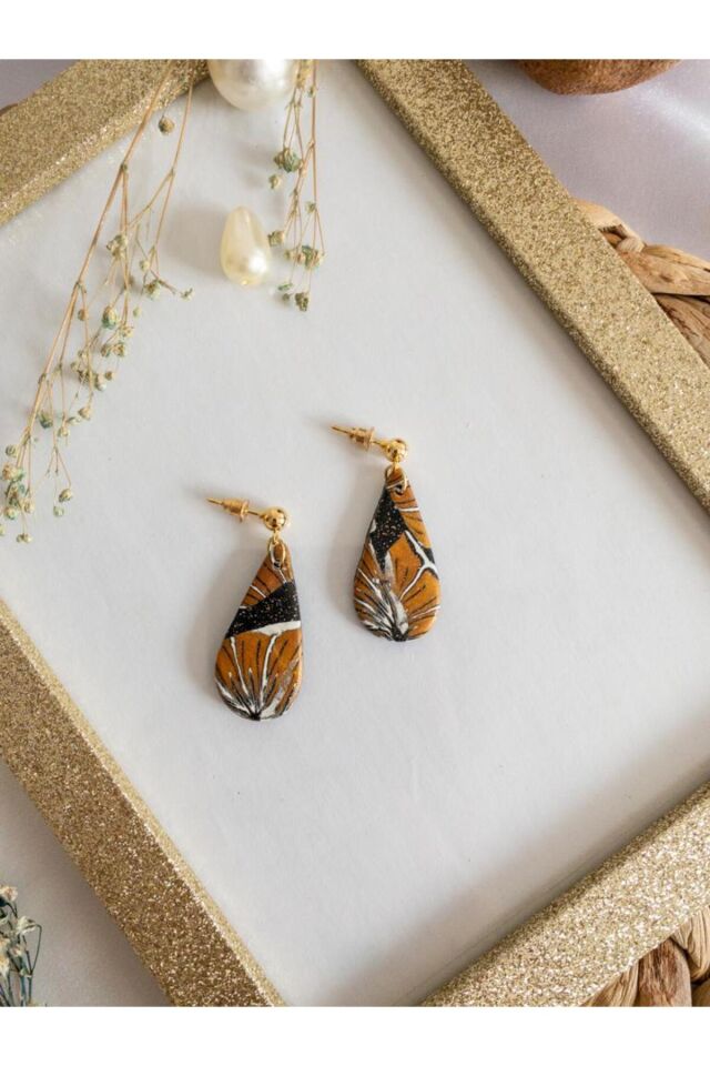 Özel Tasarım Polimer Kil Bakır Simli Çiçek Desenli Küpe