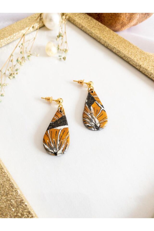 Özel Tasarım Polimer Kil Bakır Simli Çiçek Desenli Küpe