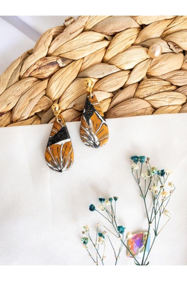 Özel Tasarım Polimer Kil Bakır Simli Çiçek Desenli Küpe