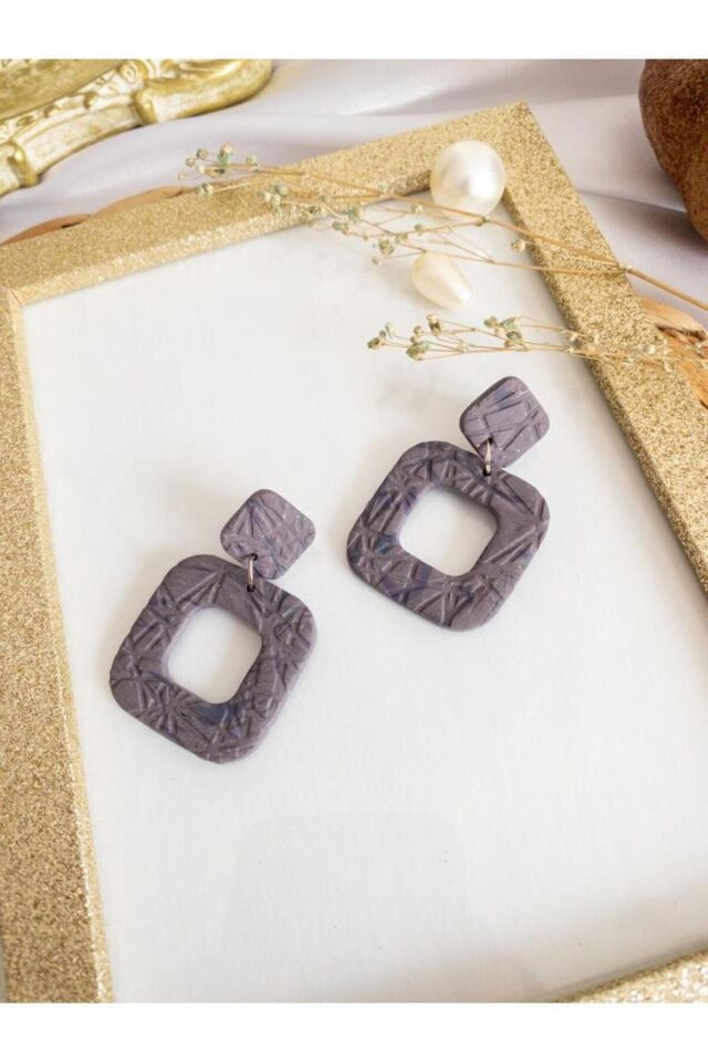 Özel Tasarım Polimer Kil Simli Füme Kare Küpe