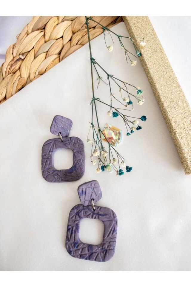 Özel Tasarım Polimer Kil Simli Füme Kare Küpe