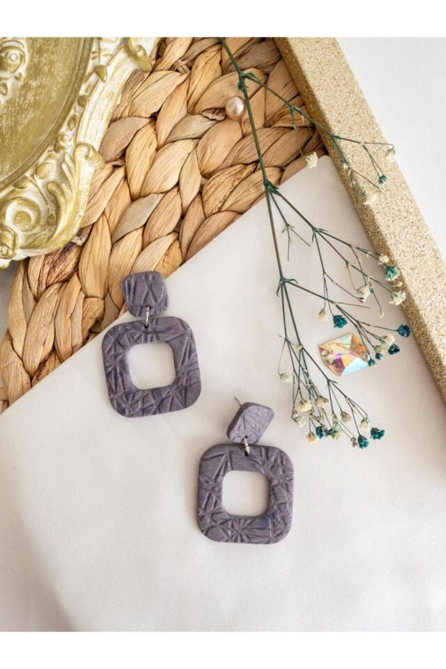 Özel Tasarım Polimer Kil Simli Füme Kare Küpe