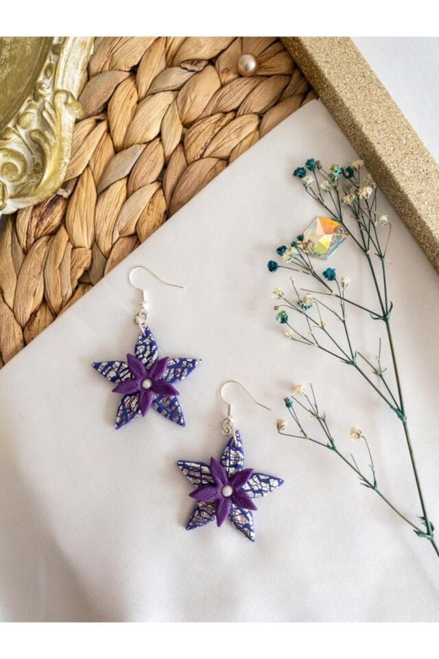 Özel Tasarım Polimer Kil Gümüş Varak Detay Mor Çiçek Küpe