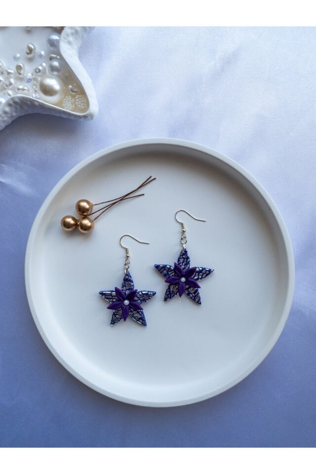 Özel Tasarım Polimer Kil Gümüş Varak Detay Mor Çiçek Küpe