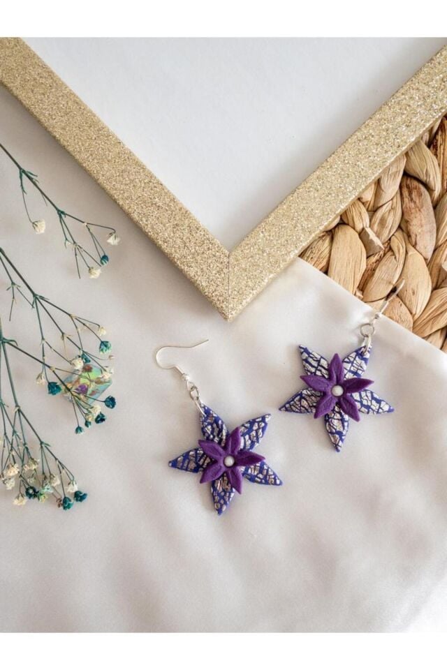 Özel Tasarım Polimer Kil Gümüş Varak Detay Mor Çiçek Küpe