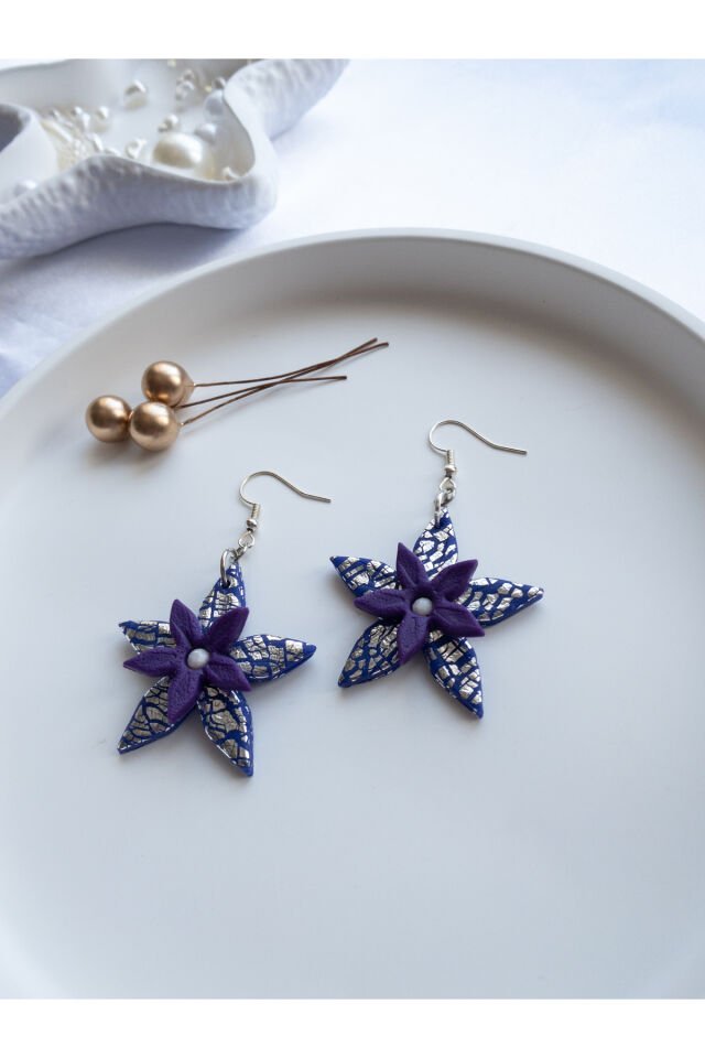 Özel Tasarım Polimer Kil Gümüş Varak Detay Mor Çiçek Küpe