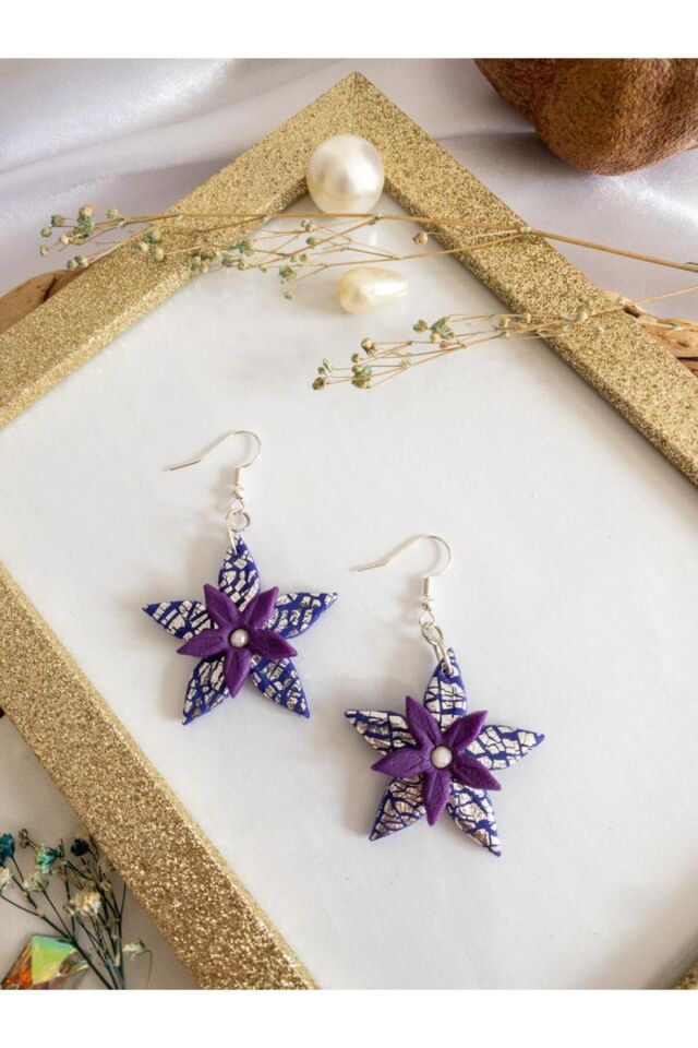 Özel Tasarım Polimer Kil Gümüş Varak Detay Mor Çiçek Küpe