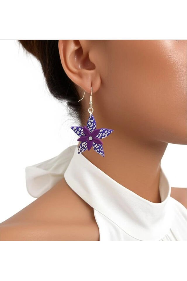 Özel Tasarım Polimer Kil Gümüş Varak Detay Mor Çiçek Küpe