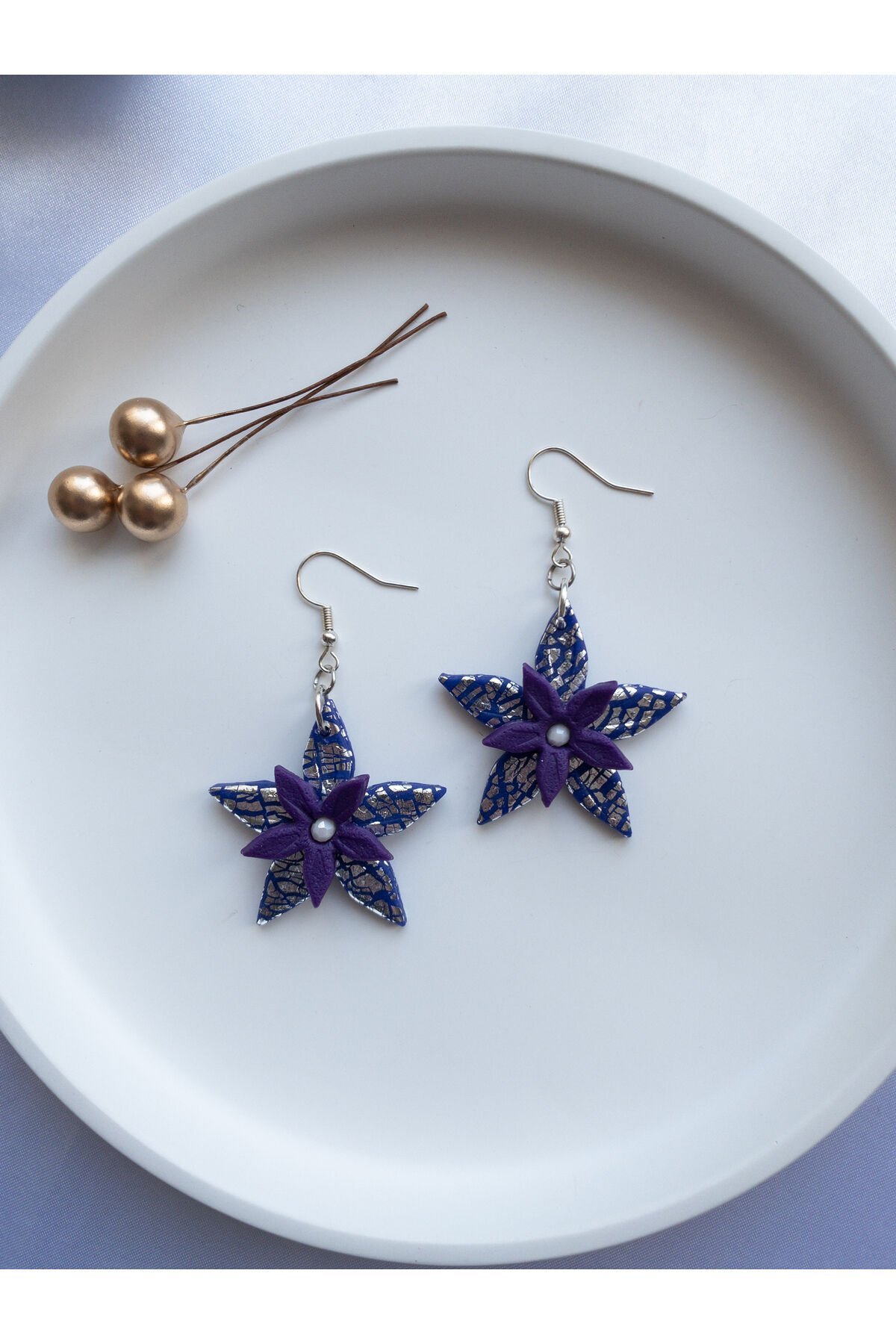 Özel Tasarım Polimer Kil Gümüş Varak Detay Mor Çiçek Küpe