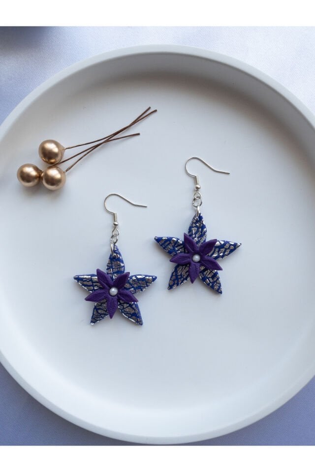 Özel Tasarım Polimer Kil Gümüş Varak Detay Mor Çiçek Küpe