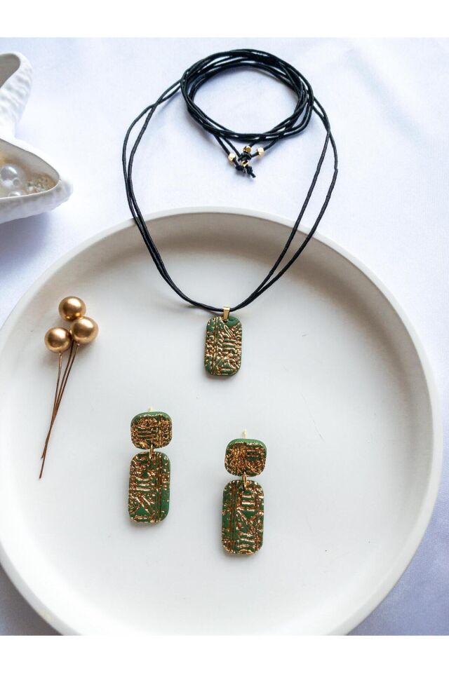 BeuBella El Yapımı Mısır Desenli Takı Seti – Yeşil & Bronz – Ayarlanabilir Kolye – Antialerjik