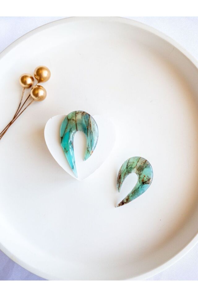 Mermer Görünümlü Küpe | Turkuaz Geometrik Tasarım | Gold Detaylı El Yapımı Küpe