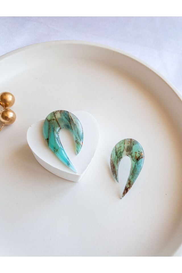 Mermer Görünümlü Küpe | Turkuaz Geometrik Tasarım | Gold Detaylı El Yapımı Küpe