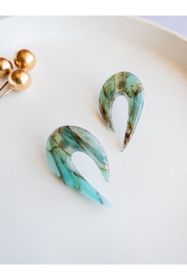 Mermer Görünümlü Küpe | Turkuaz Geometrik Tasarım | Gold Detaylı El Yapımı Küpe