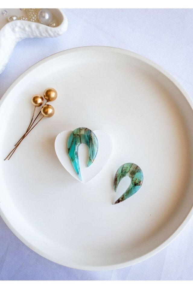 Mermer Görünümlü Küpe | Turkuaz Geometrik Tasarım | Gold Detaylı El Yapımı Küpe