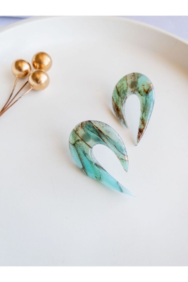 Mermer Görünümlü Küpe | Turkuaz Geometrik Tasarım | Gold Detaylı El Yapımı Küpe