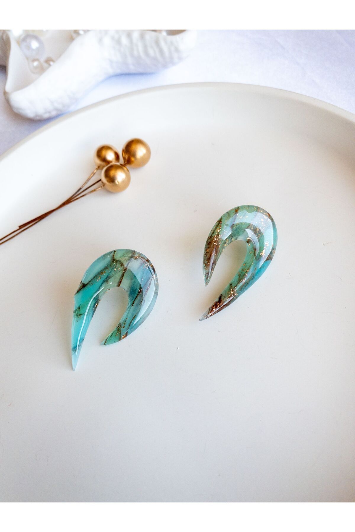 Mermer Görünümlü Küpe | Turkuaz Geometrik Tasarım | Gold Detaylı El Yapımı Küpe