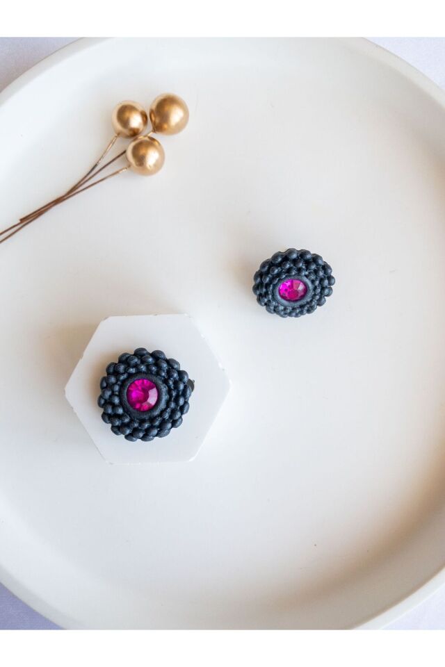 Antrasit Küpe | Pembe Kristal Taşlı Küpe | El Yapımı Modern ve Şık Polimer Kil Küpe