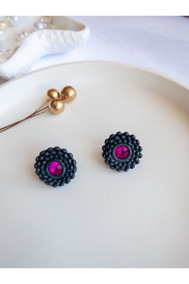 Antrasit Küpe | Pembe Kristal Taşlı Küpe | El Yapımı Modern ve Şık Polimer Kil Küpe