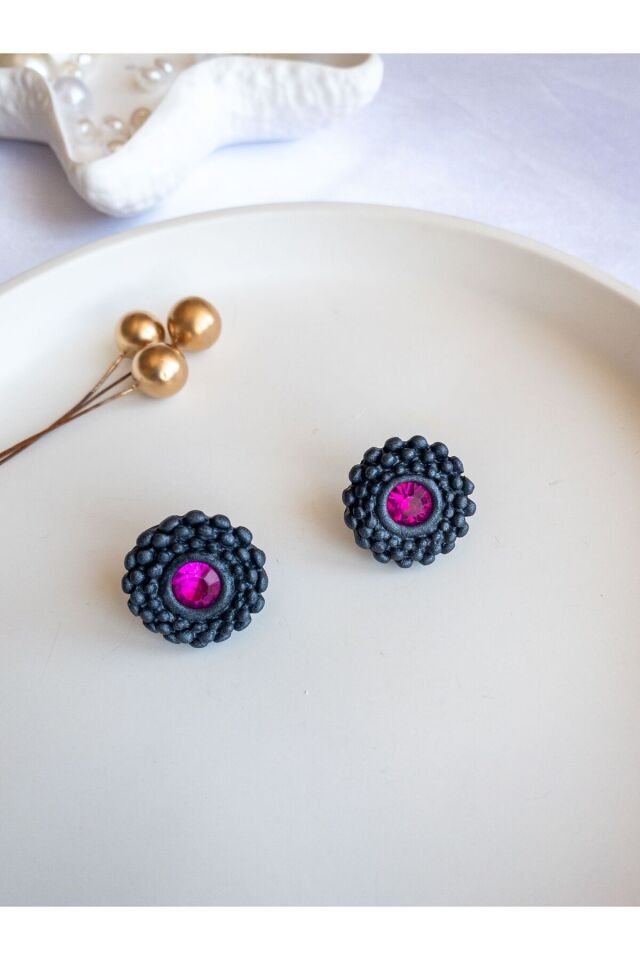 Antrasit Küpe | Pembe Kristal Taşlı Küpe | El Yapımı Modern ve Şık Polimer Kil Küpe