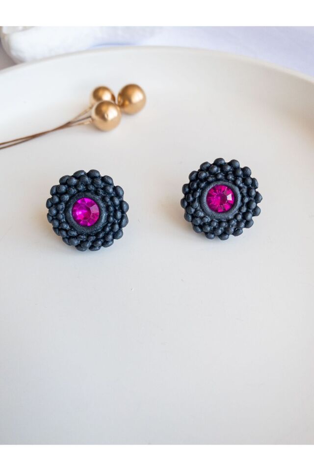 Antrasit Küpe | Pembe Kristal Taşlı Küpe | El Yapımı Modern ve Şık Polimer Kil Küpe